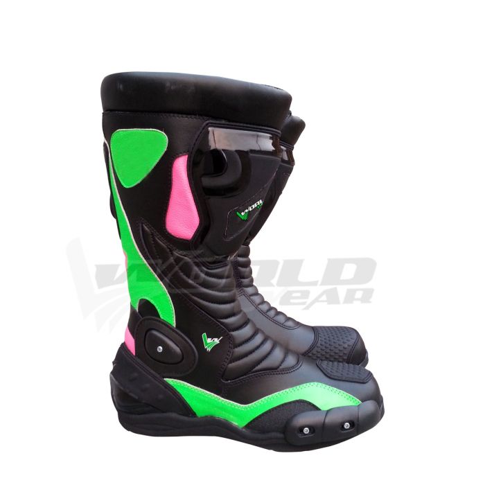 Black Green Men Motorbike Racing Leather Boots