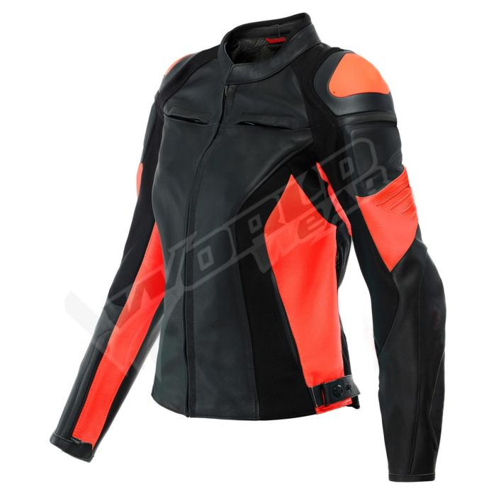 Customize Black Orange Women Motorbike Raceing Leather Jacket