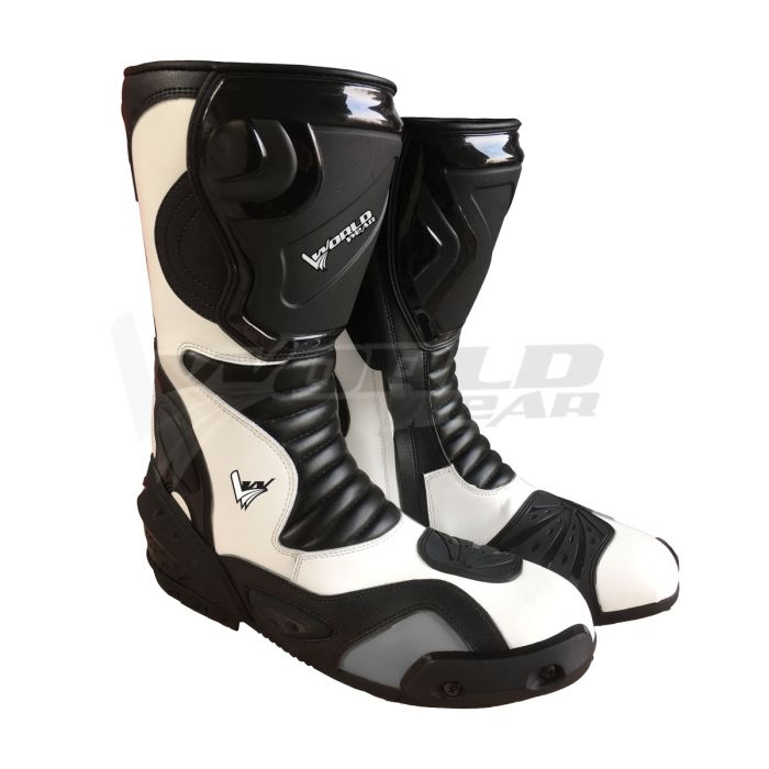 Worldwear Long White Black Men Motorbike Racing Leather Boots