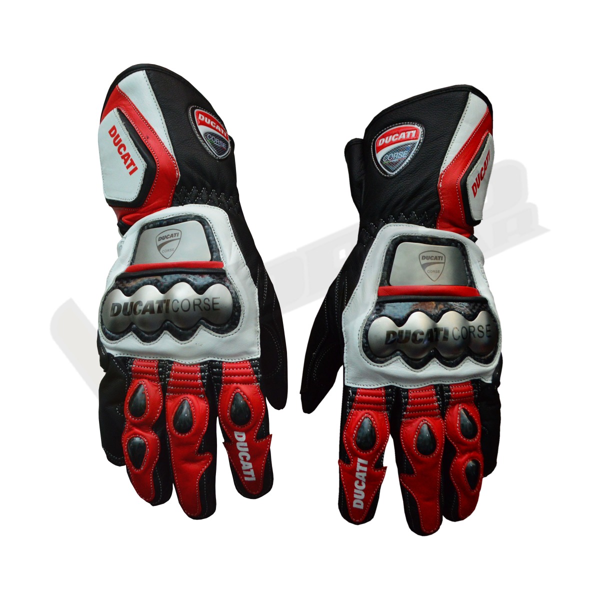 Ducati Corse Motorbike Racing Leather Gloves; High-performance motorbike racing leather gloves made from durable cowhide leather, offering reinforced knuckle protection, breathable mesh panels, and superior grip for riders on the track or road.