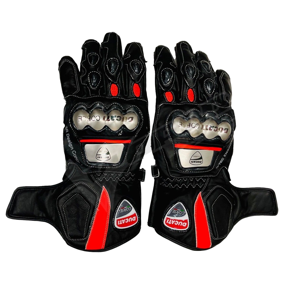Ducati RB Motorbike Racing Leather Gloves; High-performance motorbike racing leather gloves made from durable cowhide leather, offering reinforced knuckle protection, breathable mesh panels, and superior grip for riders on the track or road.