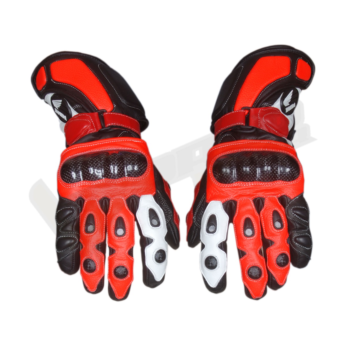 Honda Repsol Motorbike Racing Leather Gloves; High-performance motorbike racing leather gloves made from durable cowhide leather, offering reinforced knuckle protection, breathable mesh panels, and superior grip for riders on the track or road.