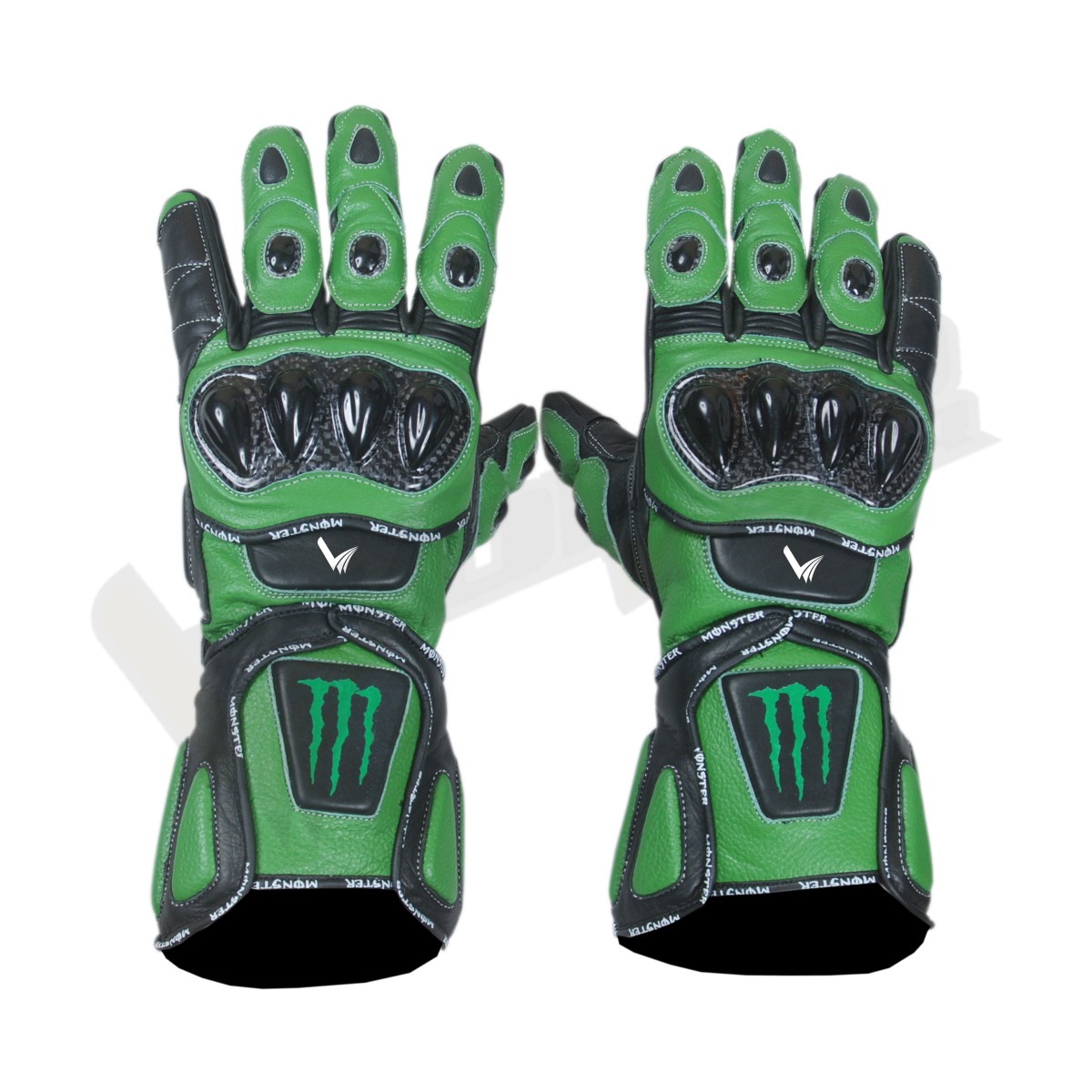 Kawasaki Ninja Monster Motorbike Racing Leather Gloves; High-performance motorbike racing leather gloves made from durable cowhide leather, offering reinforced knuckle protection, breathable mesh panels, and superior grip for riders on the track or road.