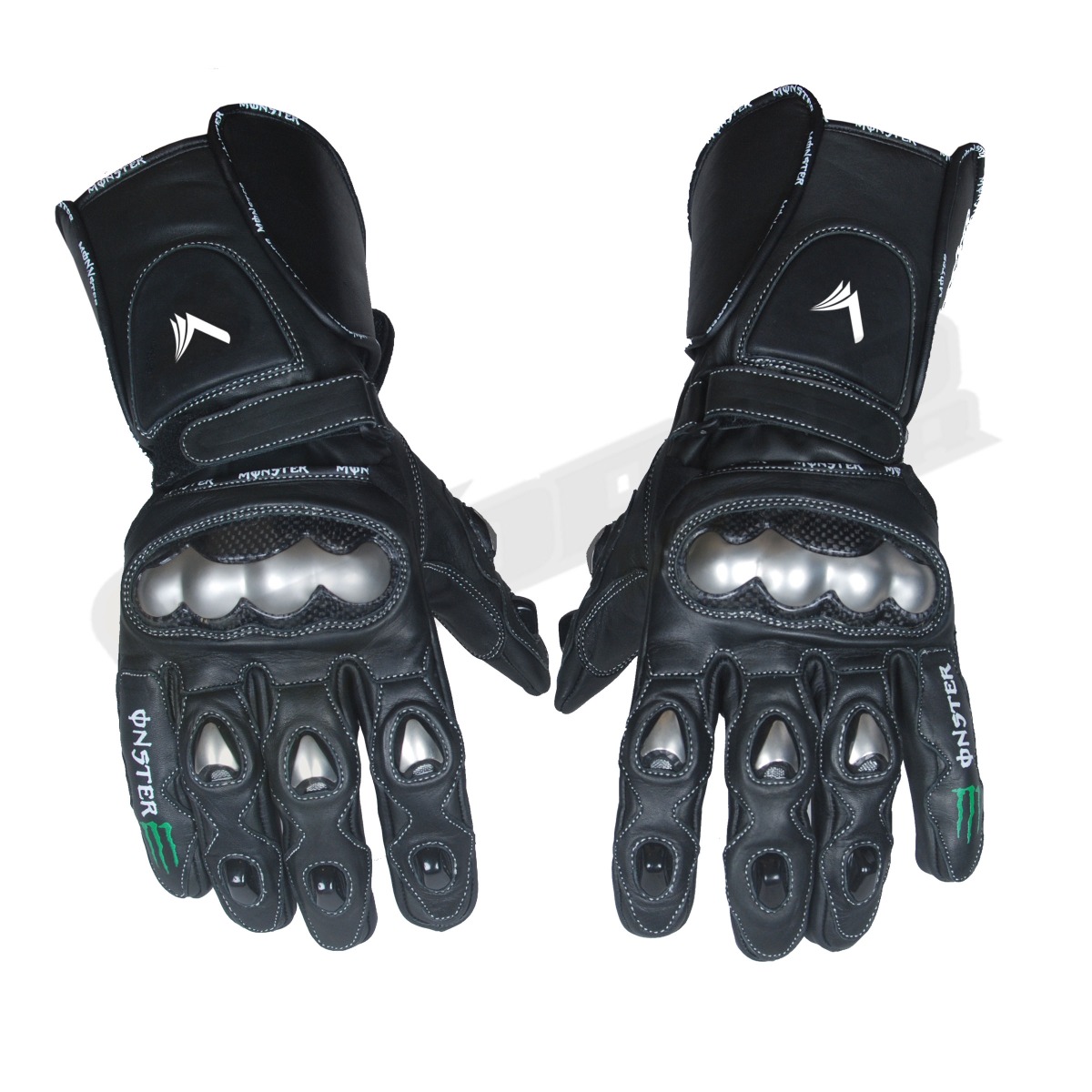 Monster Black Motorbike Racing Leather Gloves; High-performance motorbike racing leather gloves made from durable cowhide leather, offering reinforced knuckle protection, breathable mesh panels, and superior grip for riders on the track or road.