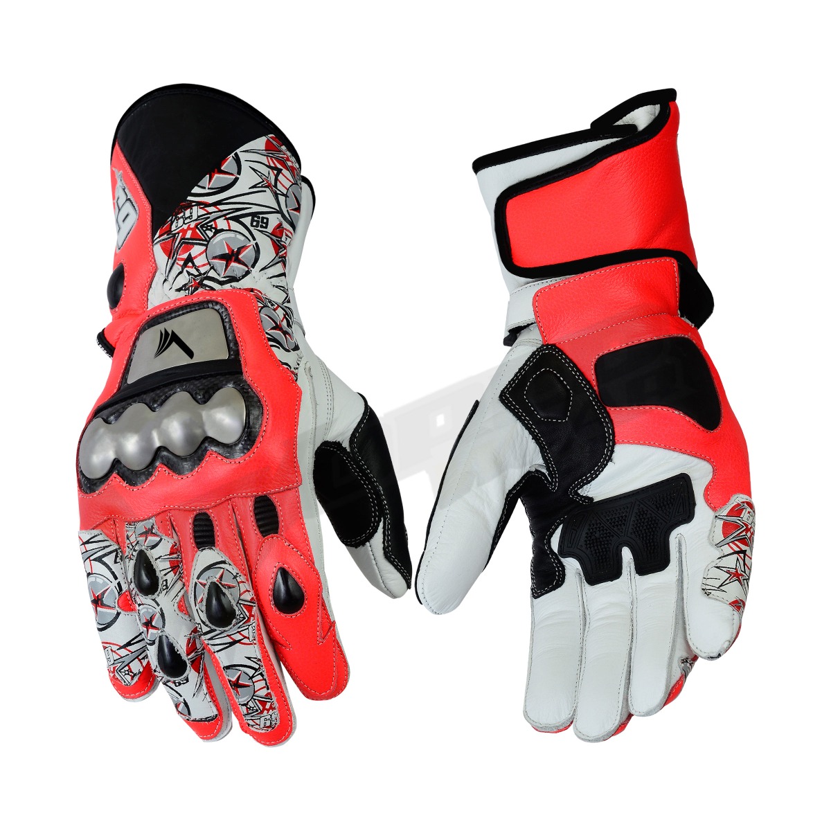 Nicky Hayden Motorbike Racing Leather Gloves; High-performance motorbike racing leather gloves made from durable cowhide leather, offering reinforced knuckle protection, breathable mesh panels, and superior grip for riders on the track or road.