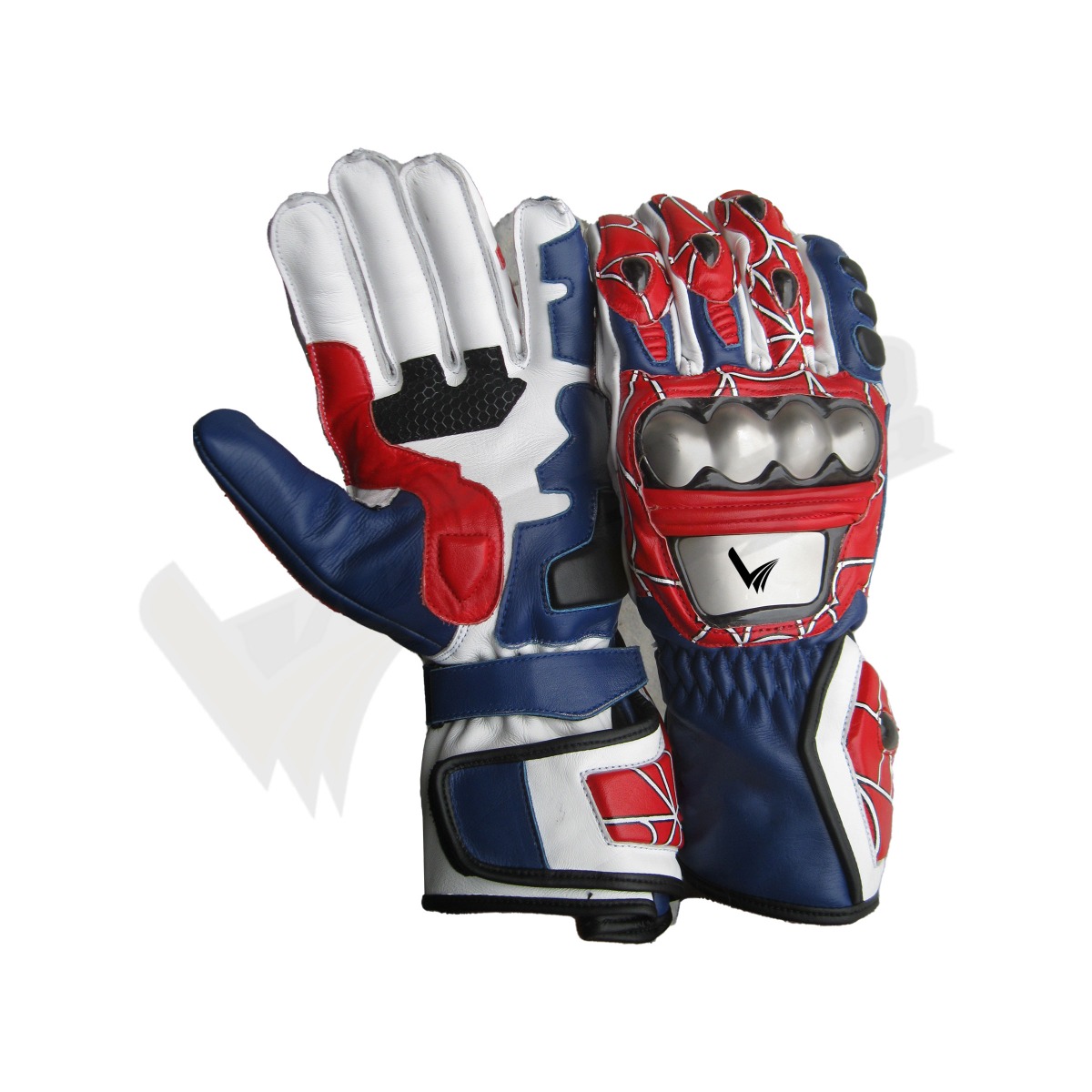 Spiderman Worldwear Motorbike Racing Leather Gloves; High-performance motorbike racing leather gloves made from durable cowhide leather, offering reinforced knuckle protection, breathable mesh panels, and superior grip for riders on the track or road.