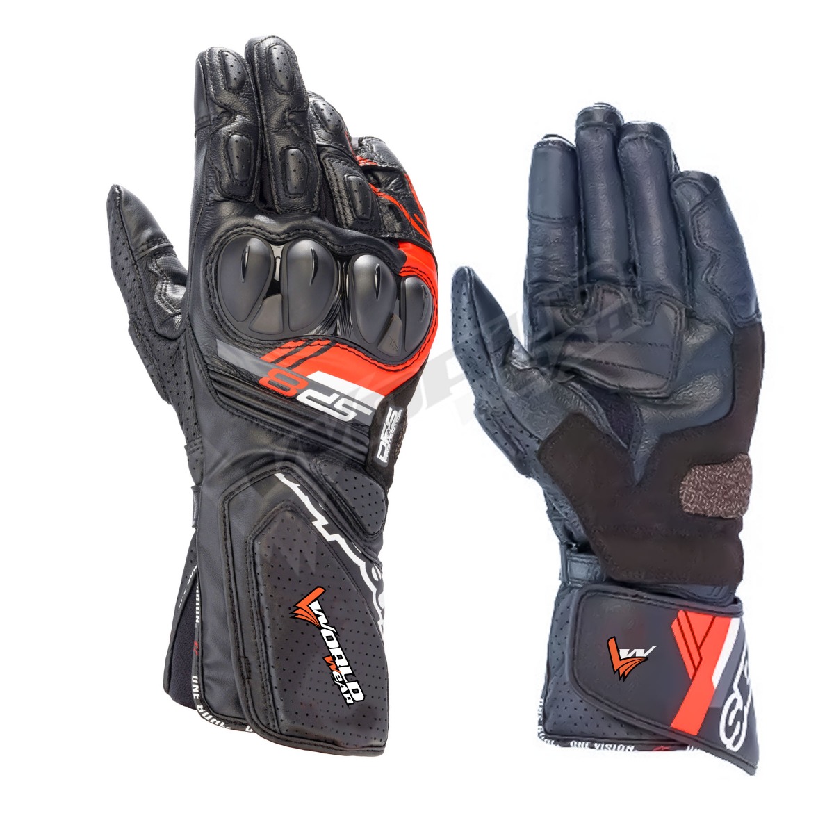 Worldwear Men Motorbike Racing Leather Gloves; High-performance motorbike racing leather gloves made from durable cowhide leather, offering reinforced knuckle protection, breathable mesh panels, and superior grip for riders on the track or road.