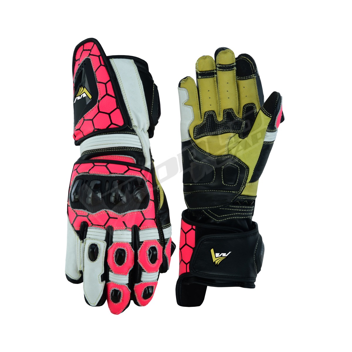 Worldwear Women Pink Motorbike Racing Leather Gloves; High-performance motorbike racing leather gloves made from durable cowhide leather, offering reinforced knuckle protection, breathable mesh panels, and superior grip for riders on the track or road.